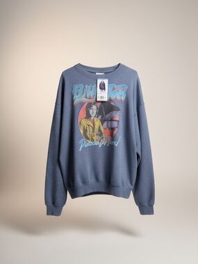 Graphic Crewneck Sweater - Slate Blue with Retro Print
